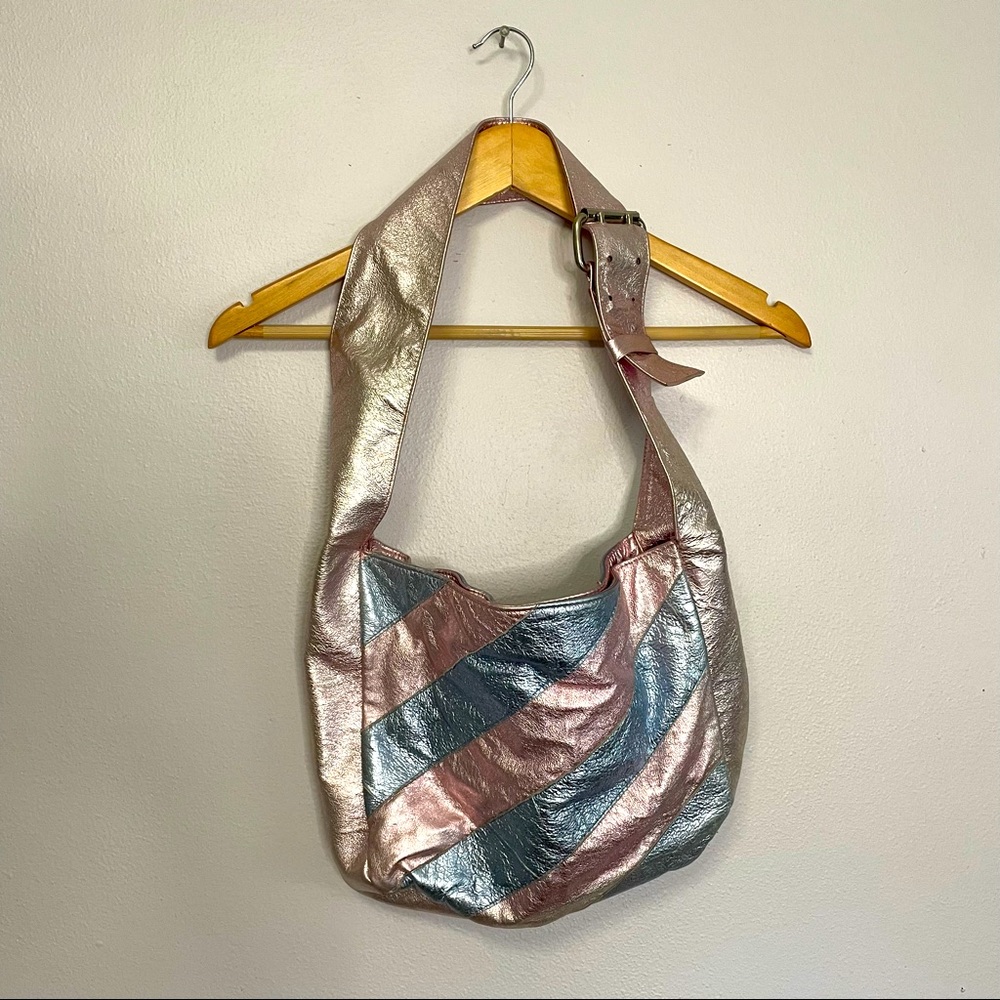 Bianca White Metallic Pink & Blue Stripe Purse with Adjustable Shoulder Strap LA